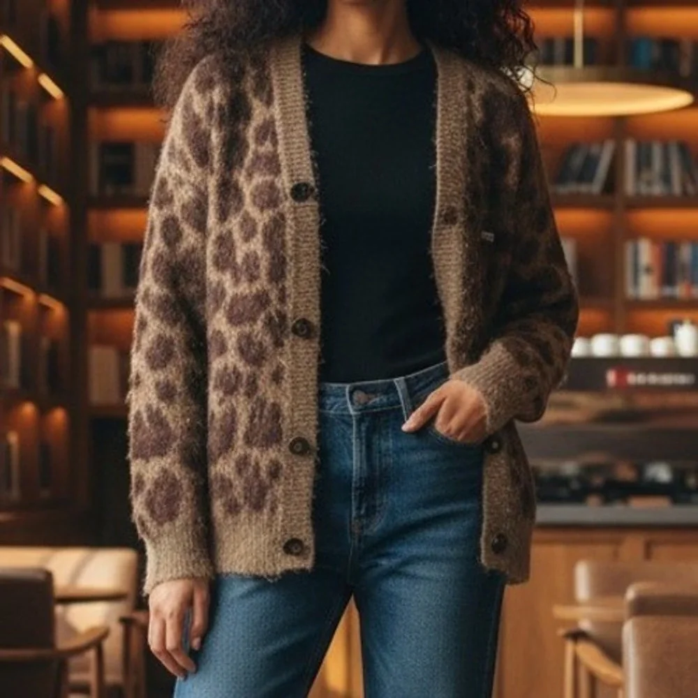 Aelfric Eden Leopard Print Fuzzy Knit Cardigan Brown Tan Streetwear Sweater